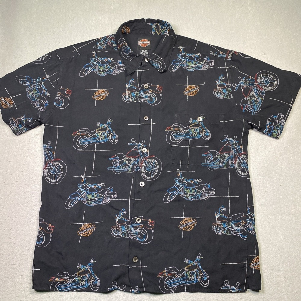Harley Davidson Tori Richard Shirt Mens L Black Silk Motorcycle All Over Print